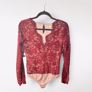 Gianni Bini Women’s Sz S Bodysuit Black Soft Nude Underwear Long Sleeve V neck